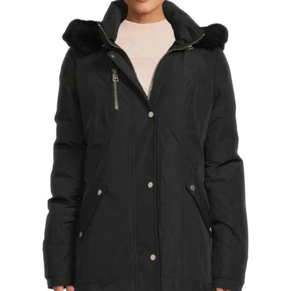 NB Series Nicole Benisti CLAREMONT Shearling Trim Down Parka Coat Black LRG NWT